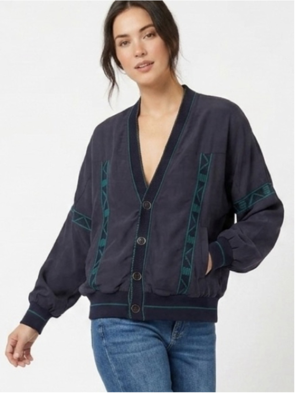 Vintage Torras made in Spain Women’s Navy Bomber Jacket w/Green Trim cotton